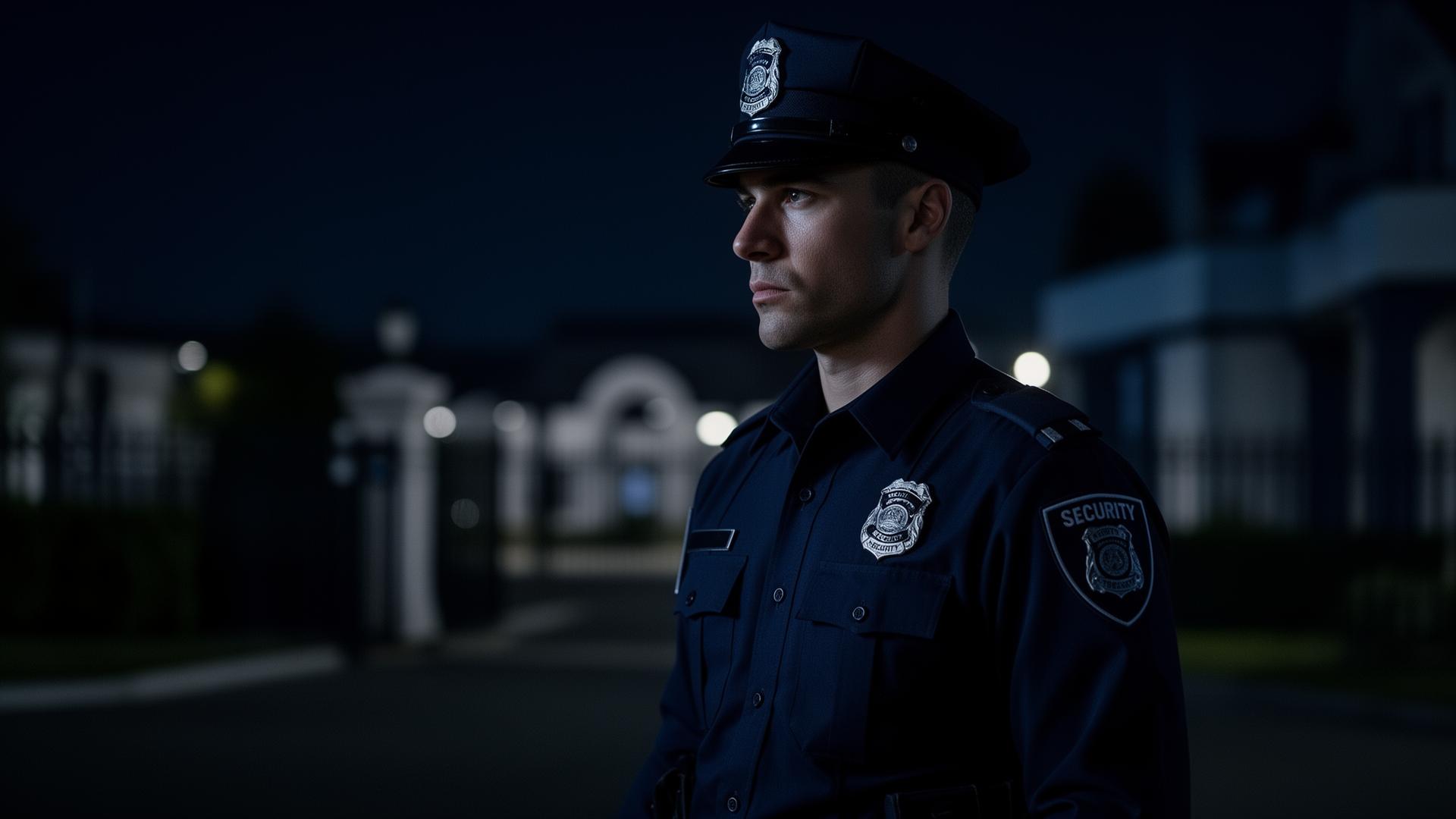 Professional security officer on duty at night